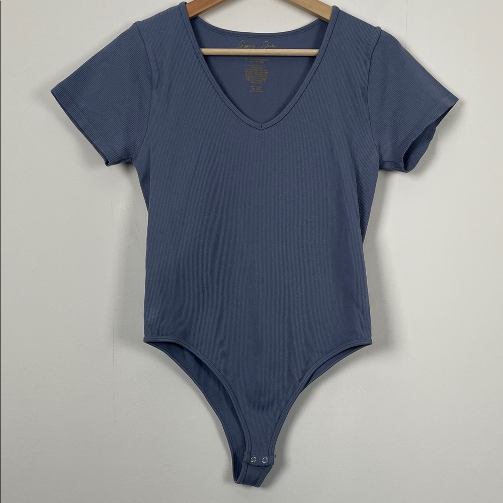 Gypsy & Jade Ribbed V Neck Short Sleeve 2 Set Women's L Thong Stretch Bodysuits